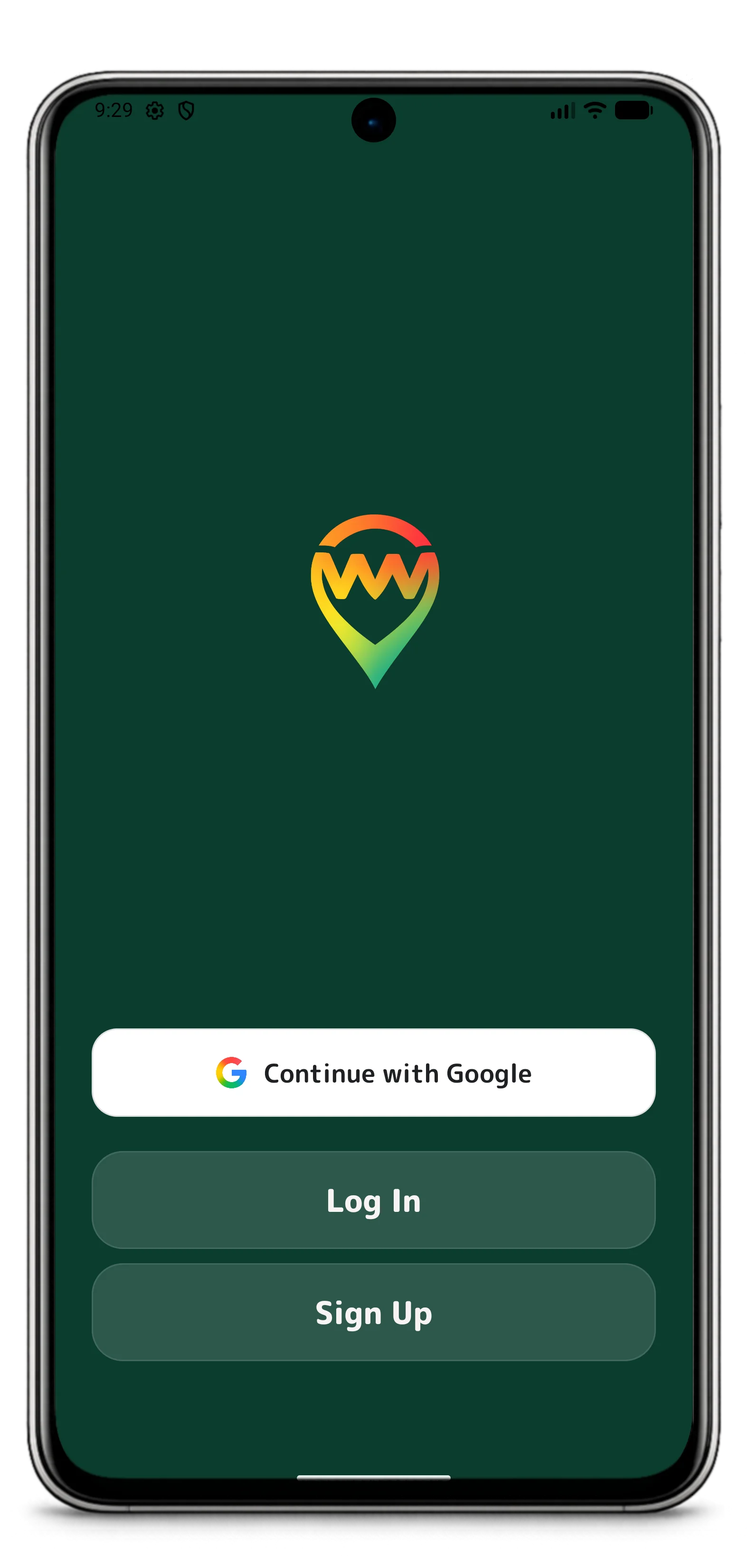 WithMe Android app sign-in screen with Google, log in, and sign up options