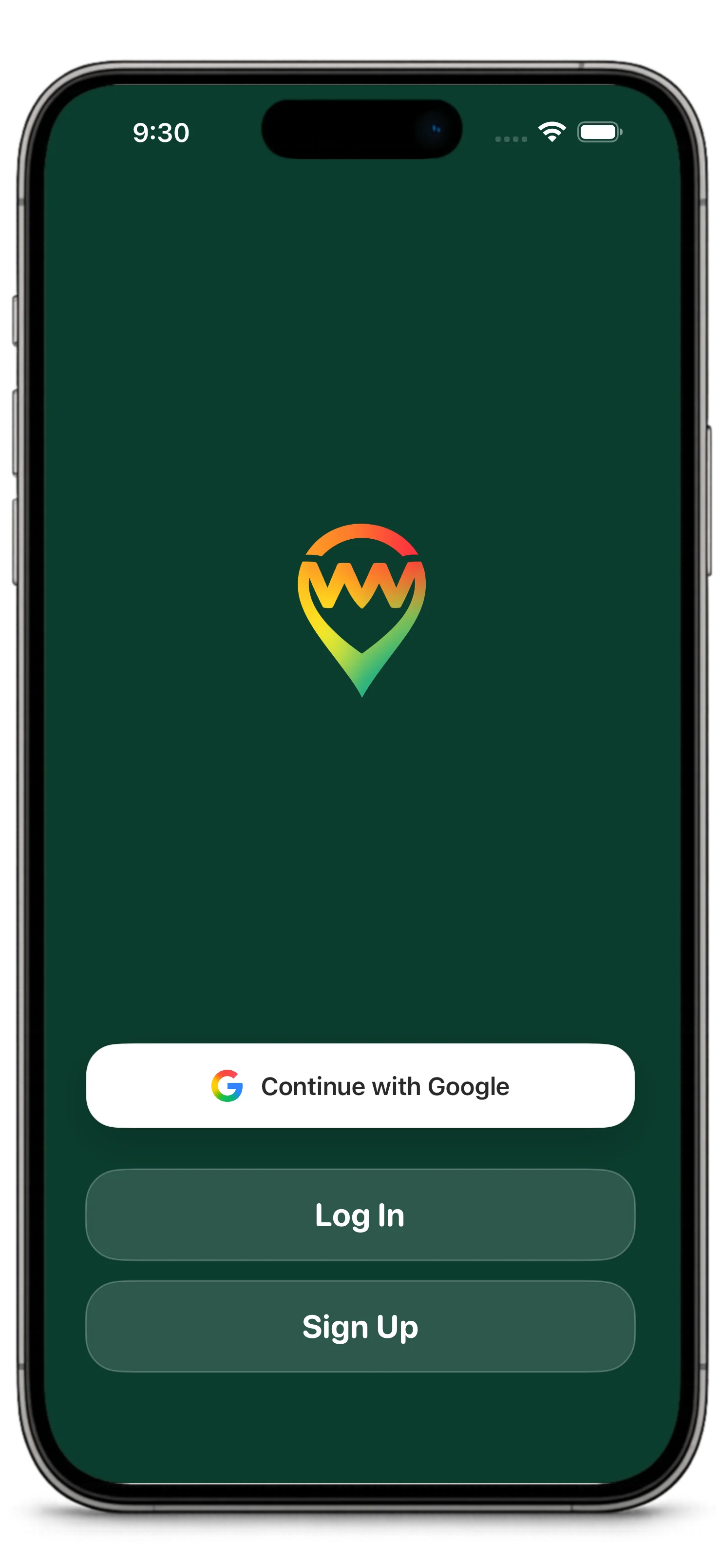 WithMe iOS app sign-in screen with Google, log in, and sign up options