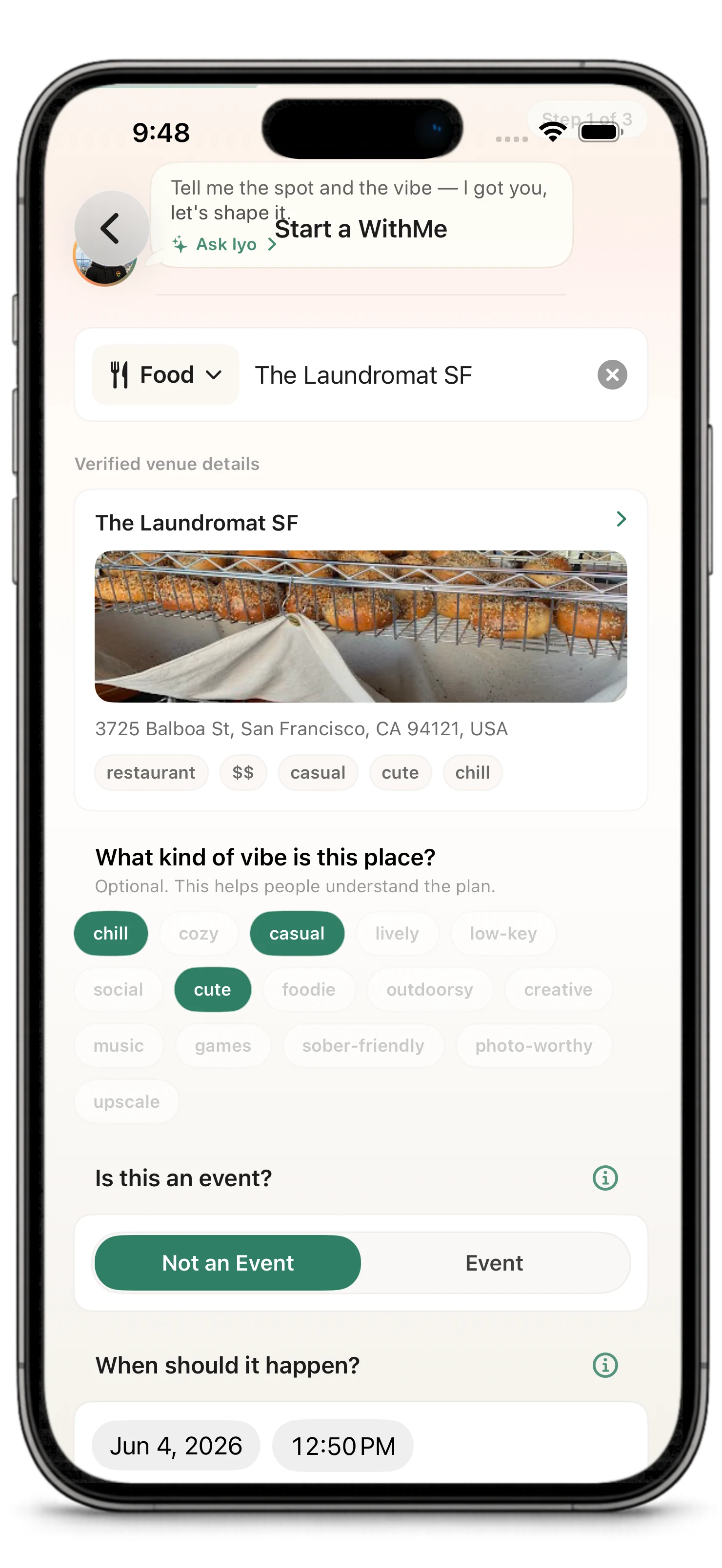 Start a WithMe form after selecting a venue