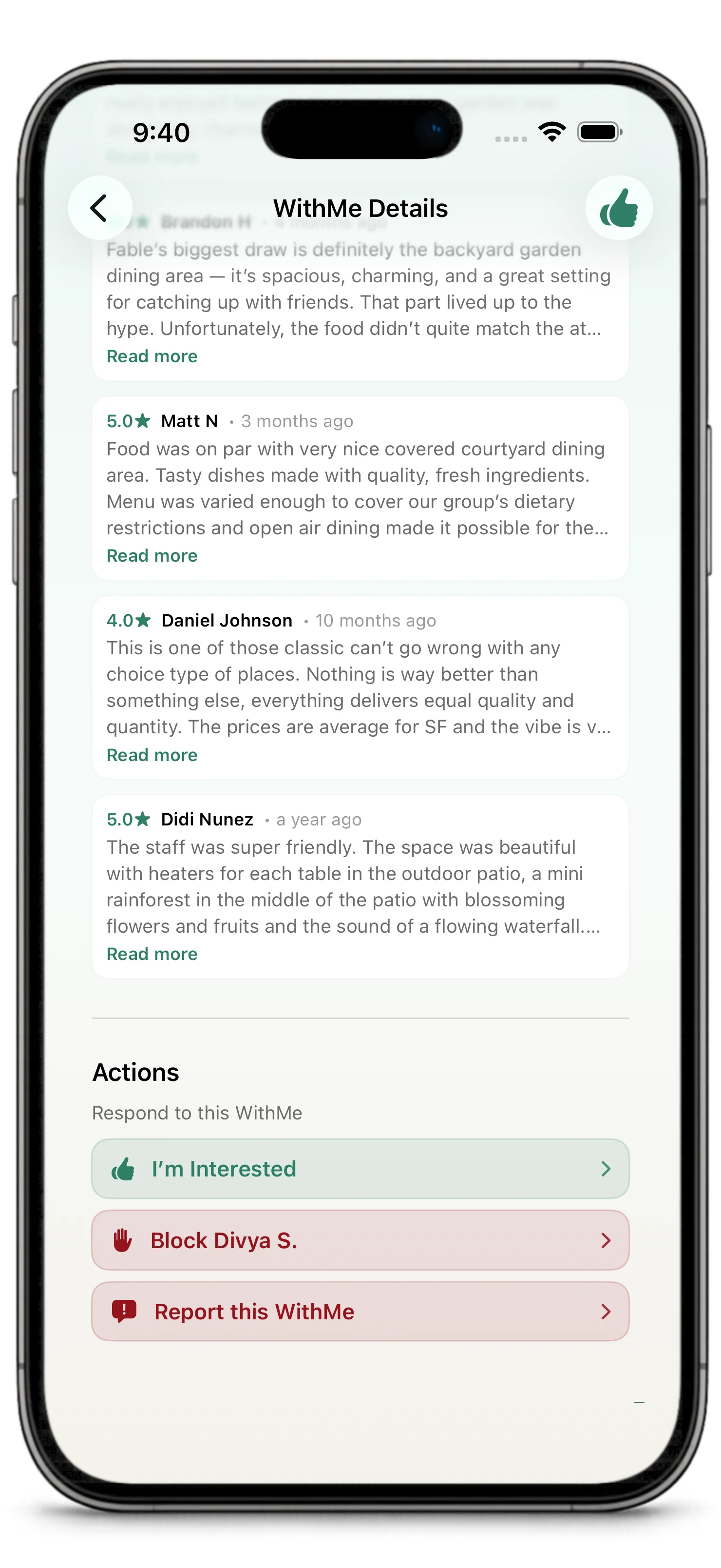 WithMe detail actions showing interest, block, and report controls